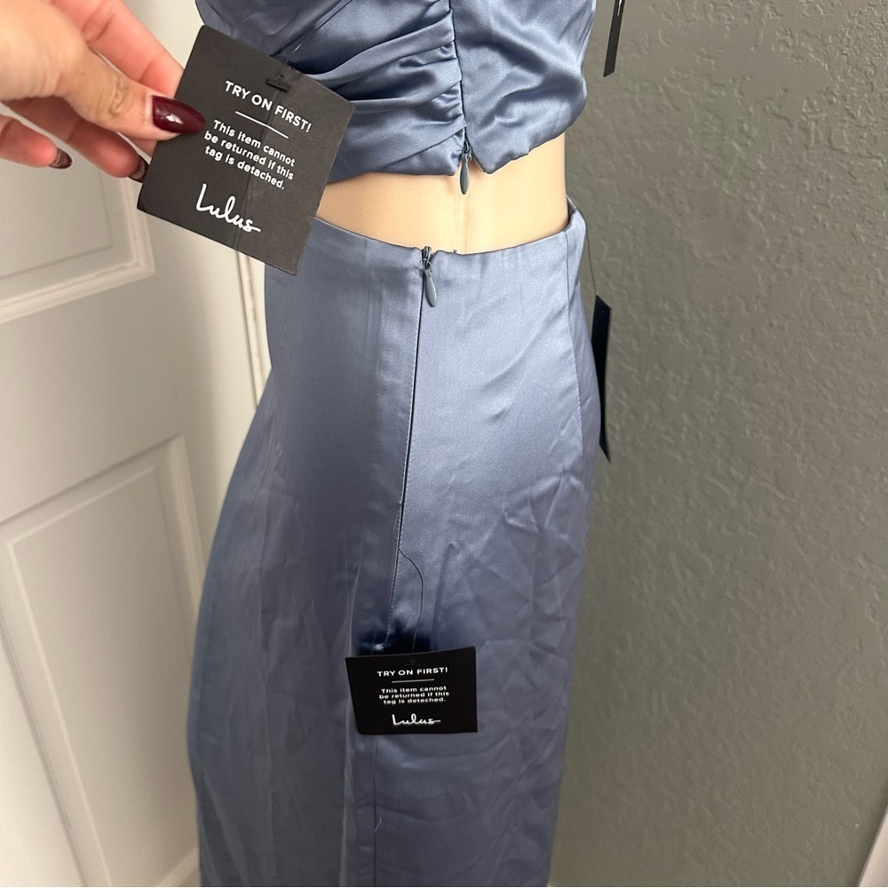 LULU’S DEMURE SWEETIE SATIN STRAPLESS TWO PIECE MIDI DRESS - Picture 9 of 13